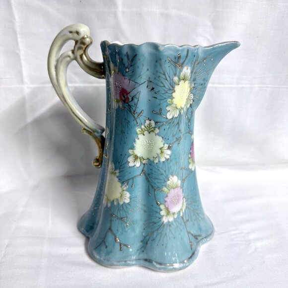 Antique Hand Painted Porcelain Pitcher – Aqua Blue Floral Gold Trim – 8.5” Tall - Picture 5 of 9